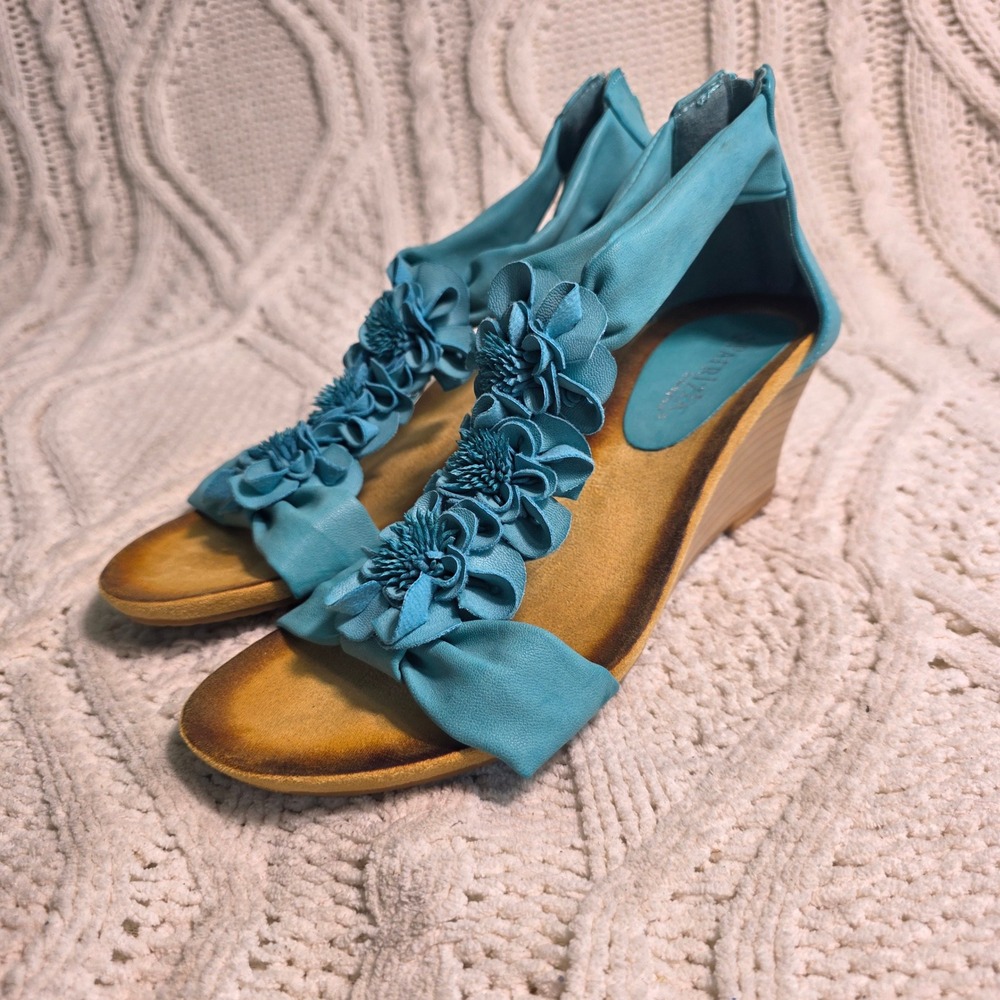 Patrizia by Spring Step Floral Wedge Sandals Turquoise Blue Women 38 Excellent